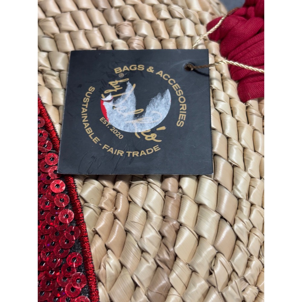 By Del Rio Acento Artistico Woven Straw Round Lip Sequin Tote Bag Red Crochet‎ - Picture 7 of 8